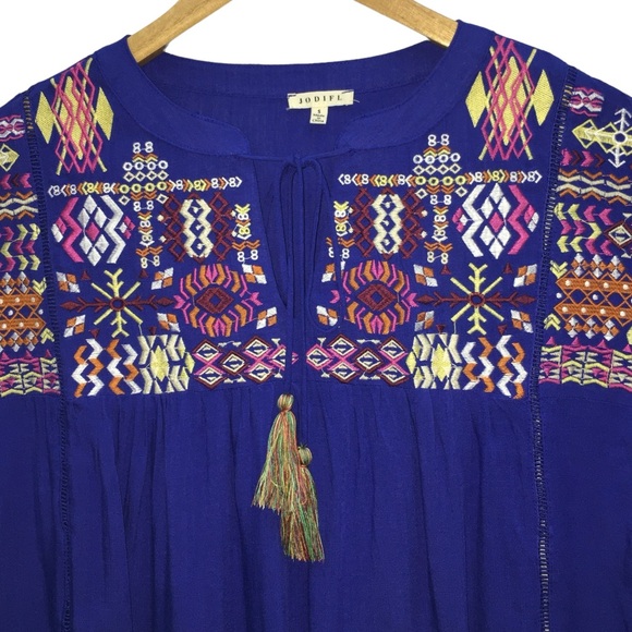 JODIFL Blue Embroidered Multicolor Lightweight Rayon Oversize Top Women’s Small - Picture 5 of 11